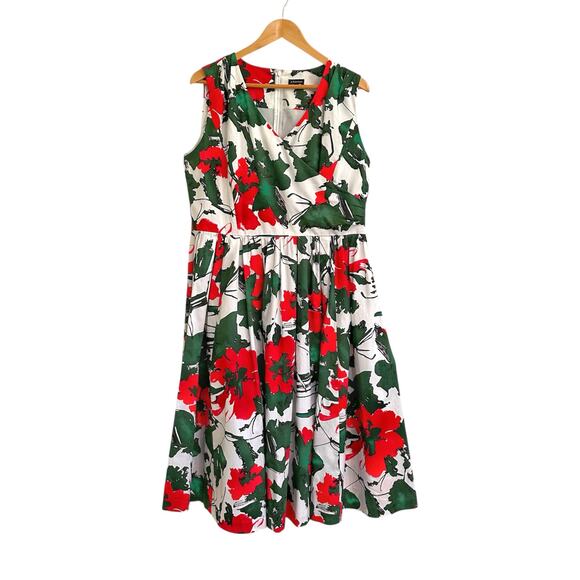 J. Peterman Fit n Flare Floral Dress Size 18 Green Red Party - Picture 1 of 9